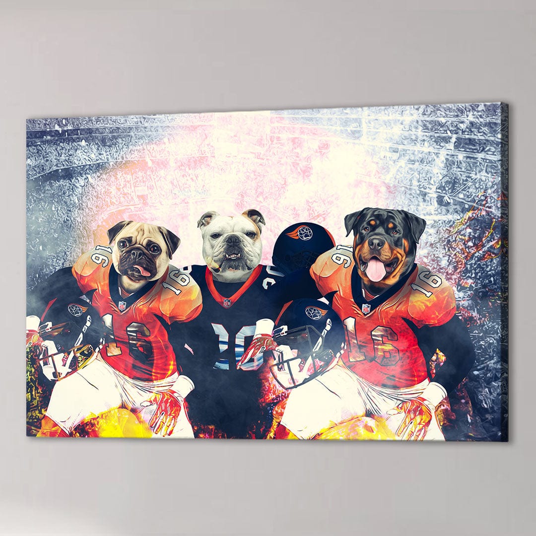 Personalized 'Denver Doggos' canvas featuring three pets as football players in orange and blue jerseys.