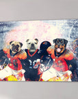 Personalized 'Denver Doggos' canvas featuring three pets as football players in orange and blue jerseys.