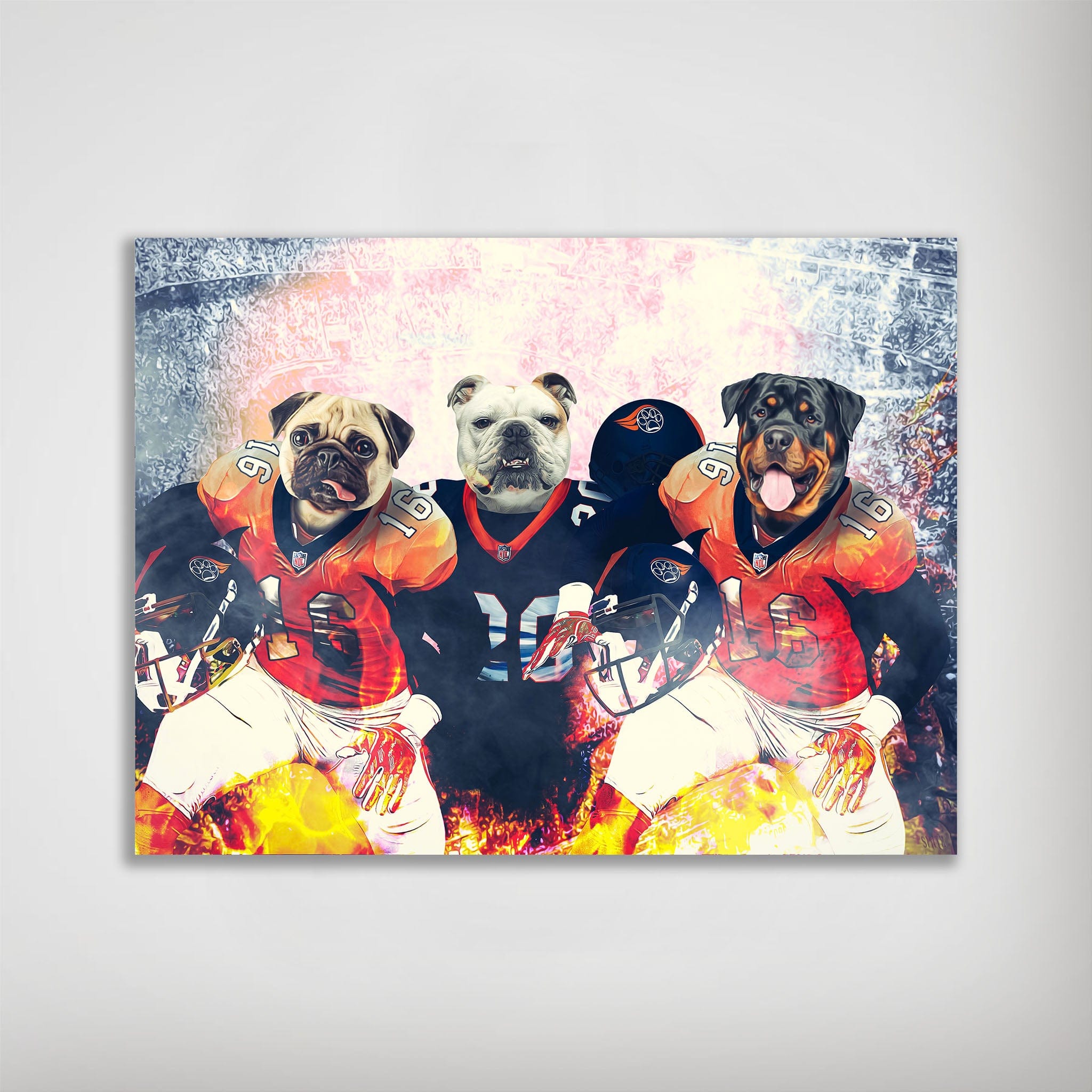 Personalized 3-pet poster featuring a pug, bulldog, and rottweiler in Denver Broncos football uniforms.
