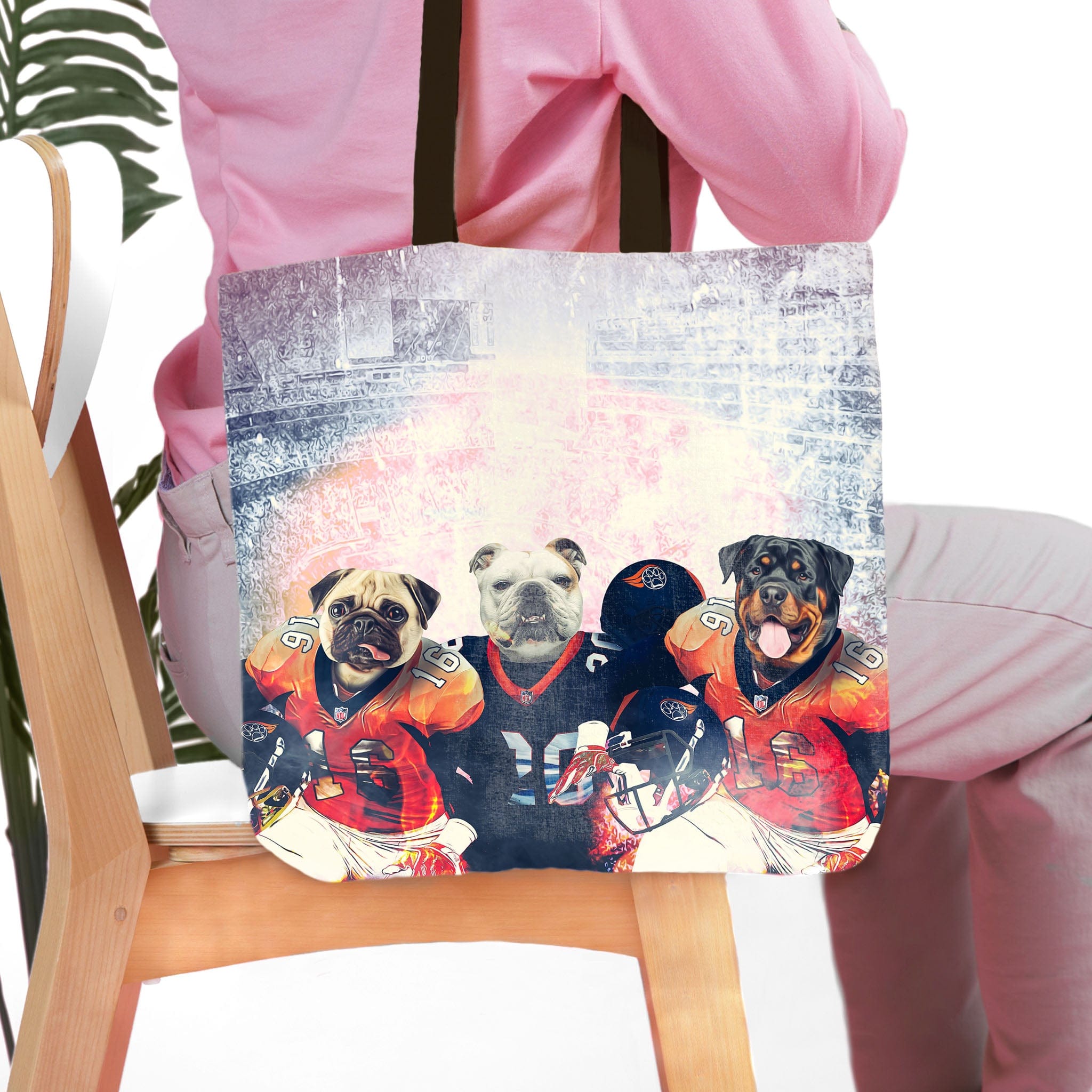 Personalized 3 pet tote bag with dog portraits in football uniforms against a stadium backdrop.