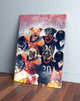 Personalized 'Denver Doggos' canvas featuring four pets in football jerseys and helmets.