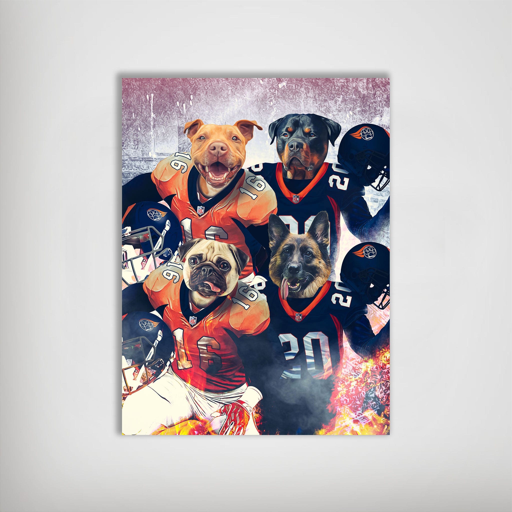 Personalized 4-pet poster featuring a pit bull, rottweiler, pug, and German shepherd in orange and navy football jerseys.