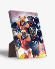 Personalized 4-pet standing canvas featuring dogs in orange and blue football jerseys.