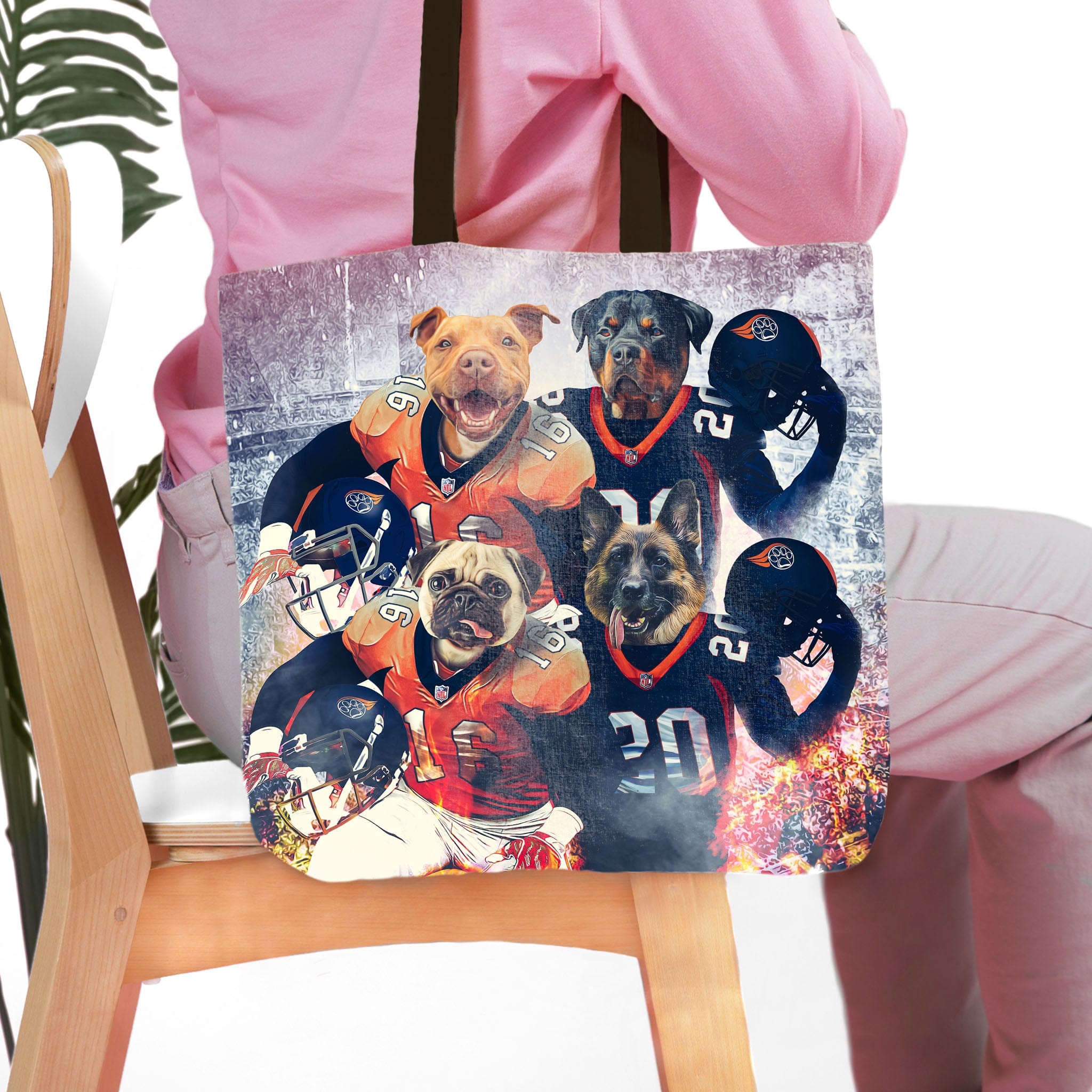 Personalized 4-pet tote bag with dogs in football uniforms, Denver Doggos style.