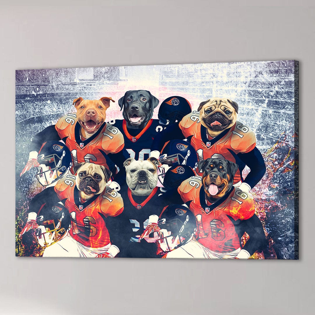 Personalized 6 pet canvas art featuring dogs dressed as football players in a stadium.