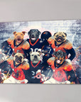 Personalized 6 pet canvas art featuring dogs dressed as football players in a stadium.