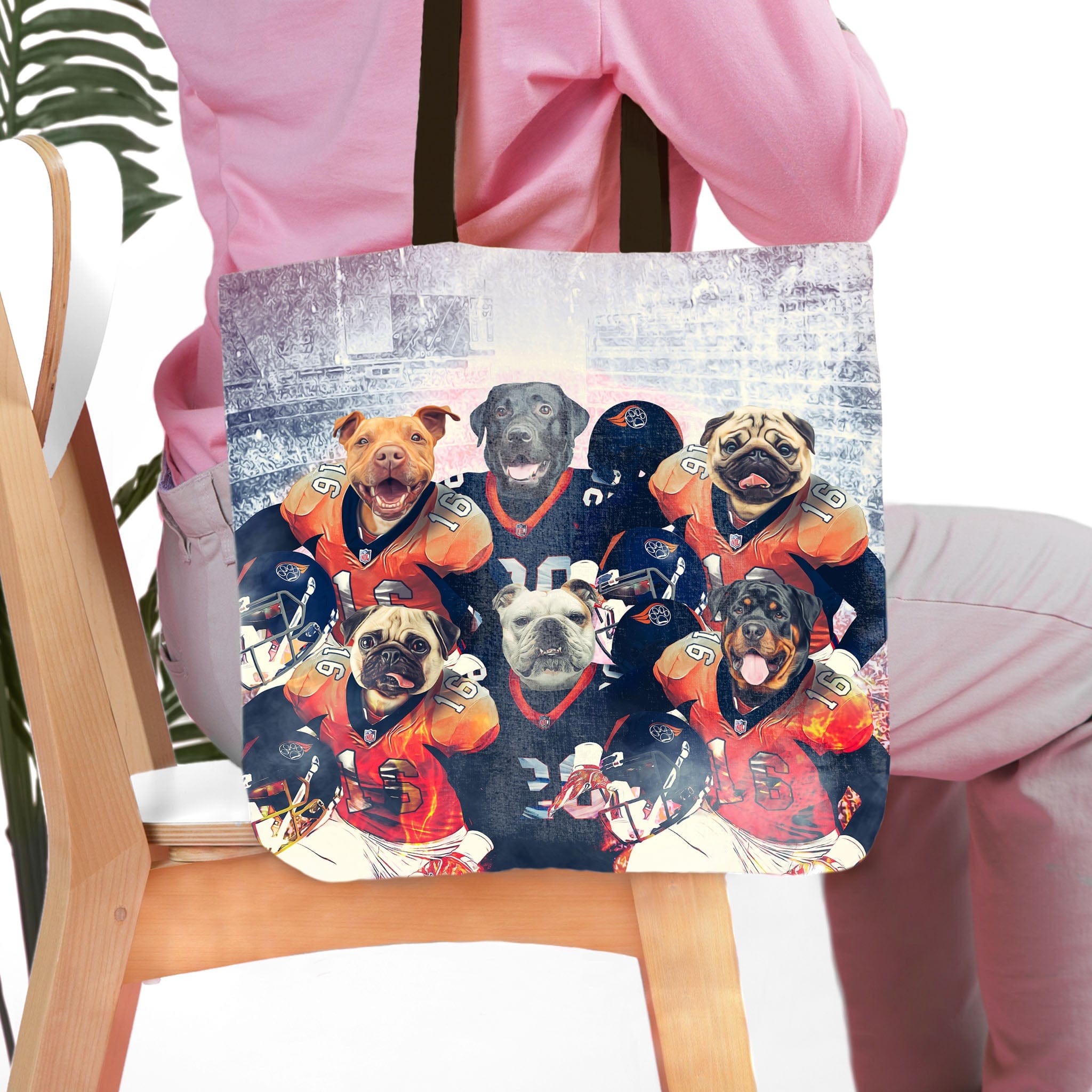 Personalized 6-pet tote bag with dogs in football uniforms, a custom pet portrait design.