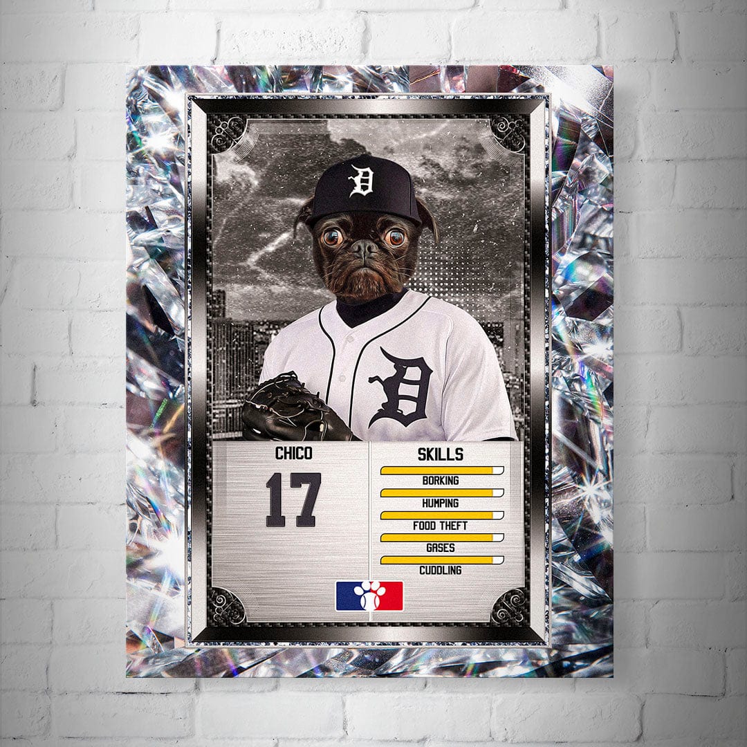 Personalized 8x10" Detroit Doggers pet baseball trading card poster featuring a pug in a white jersey.