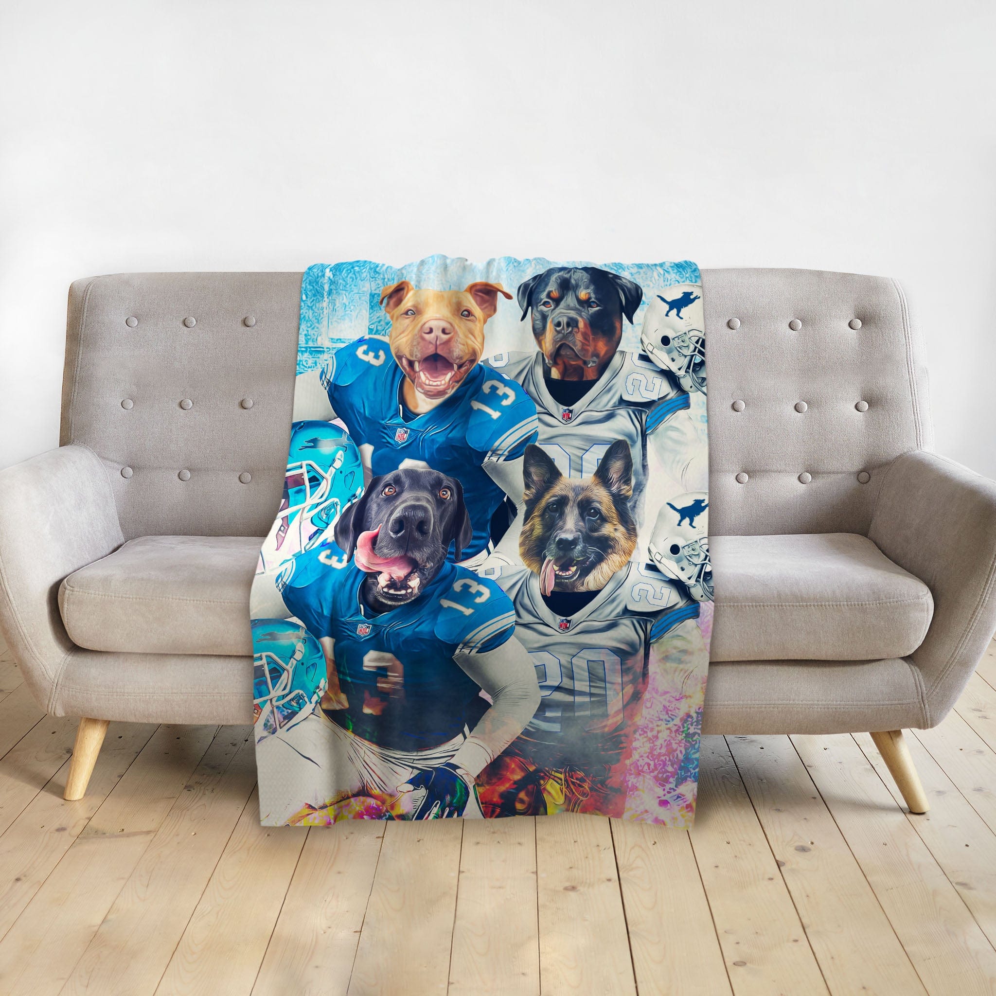 Personalized Detroit Doggos blanket with four pets in football uniforms.