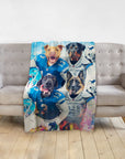 Personalized Detroit Doggos blanket with four pets in football uniforms.