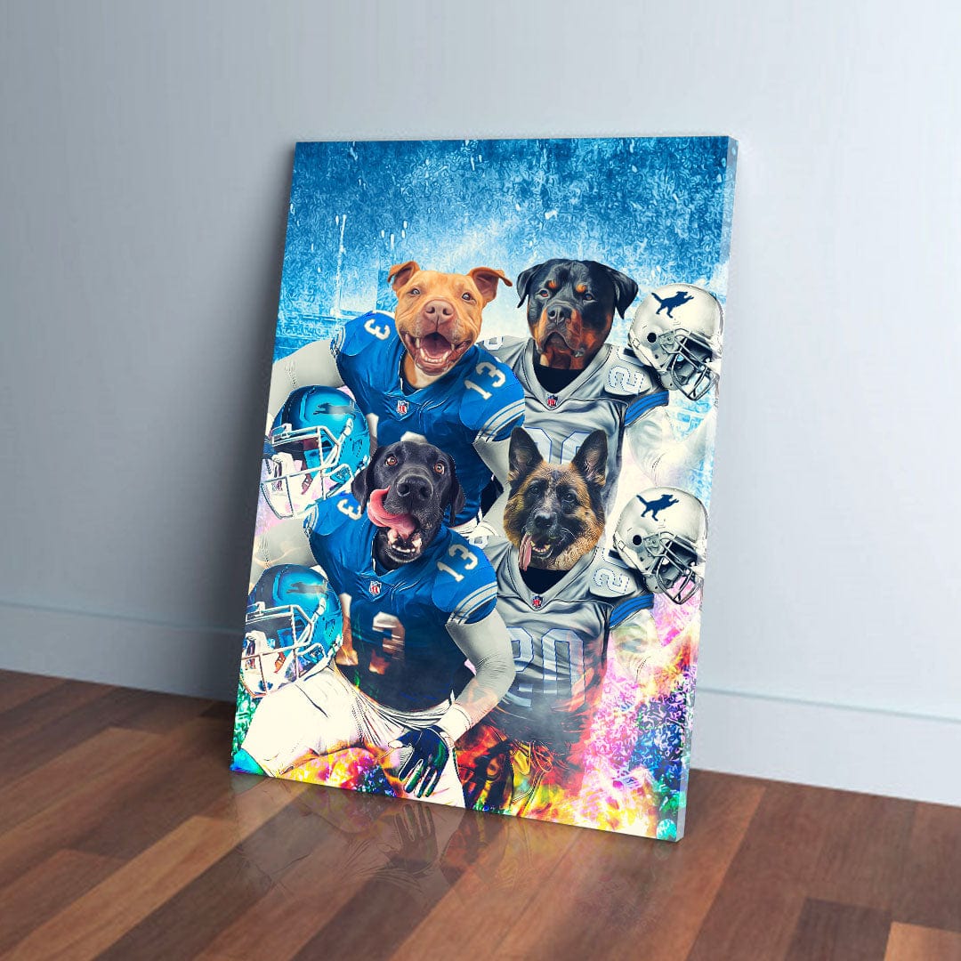 Personalized "Detroit Doggos" 4-pet canvas featuring dogs in blue and grey football jerseys.