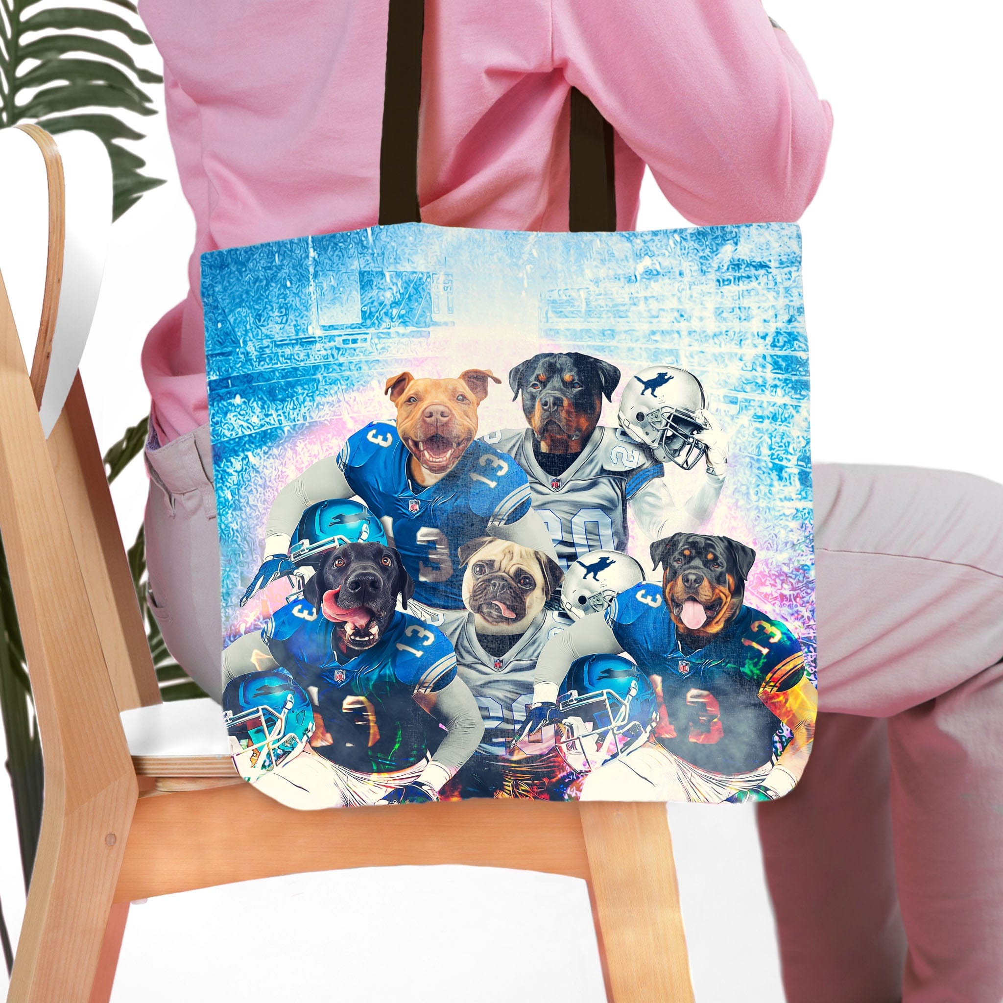 Personalized 5 pet Detroit Doggos tote bag with dogs in football uniforms.