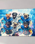 Six personalized pet portraits on a canvas, depicting dogs as football players in blue and white uniforms.