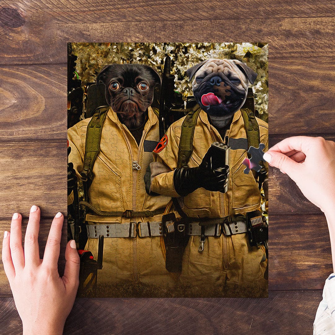 Personalized 2-pet puzzle featuring two pugs in Ghostbusters costumes, with hands assembling it.