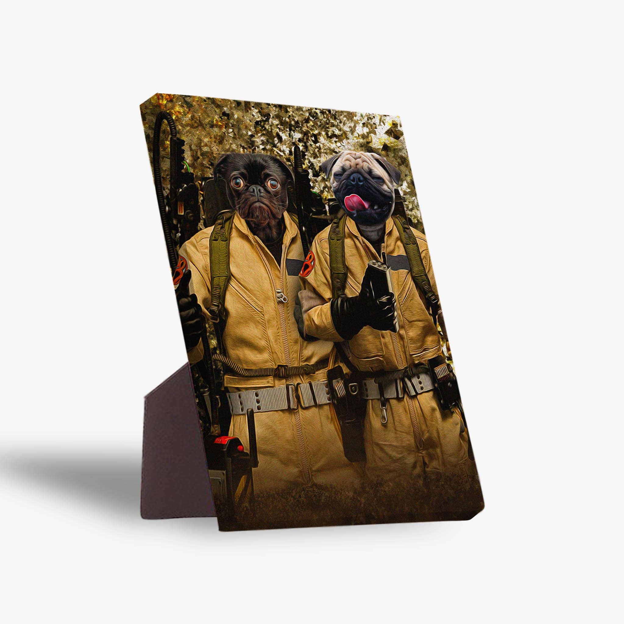 Personalized 'Dogbusters' standing canvas featuring two pugs in tan ghostbuster suits with proton packs.