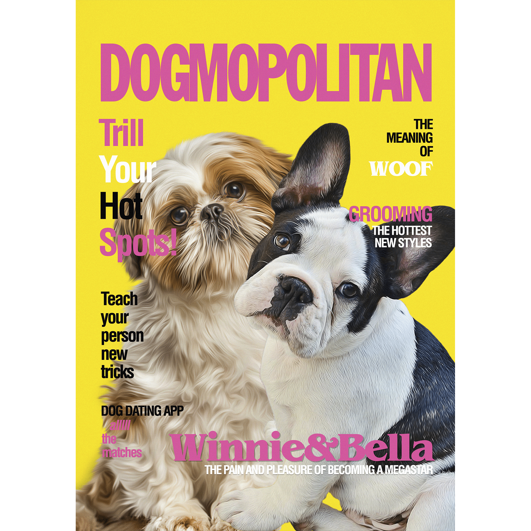 Custom digital portrait of two dogs on a yellow 'Dogmopolitan' magazine cover.