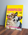 Personalized 'Dogmopolitan' canvas featuring a Shih Tzu and Boston Terrier on a yellow magazine cover.