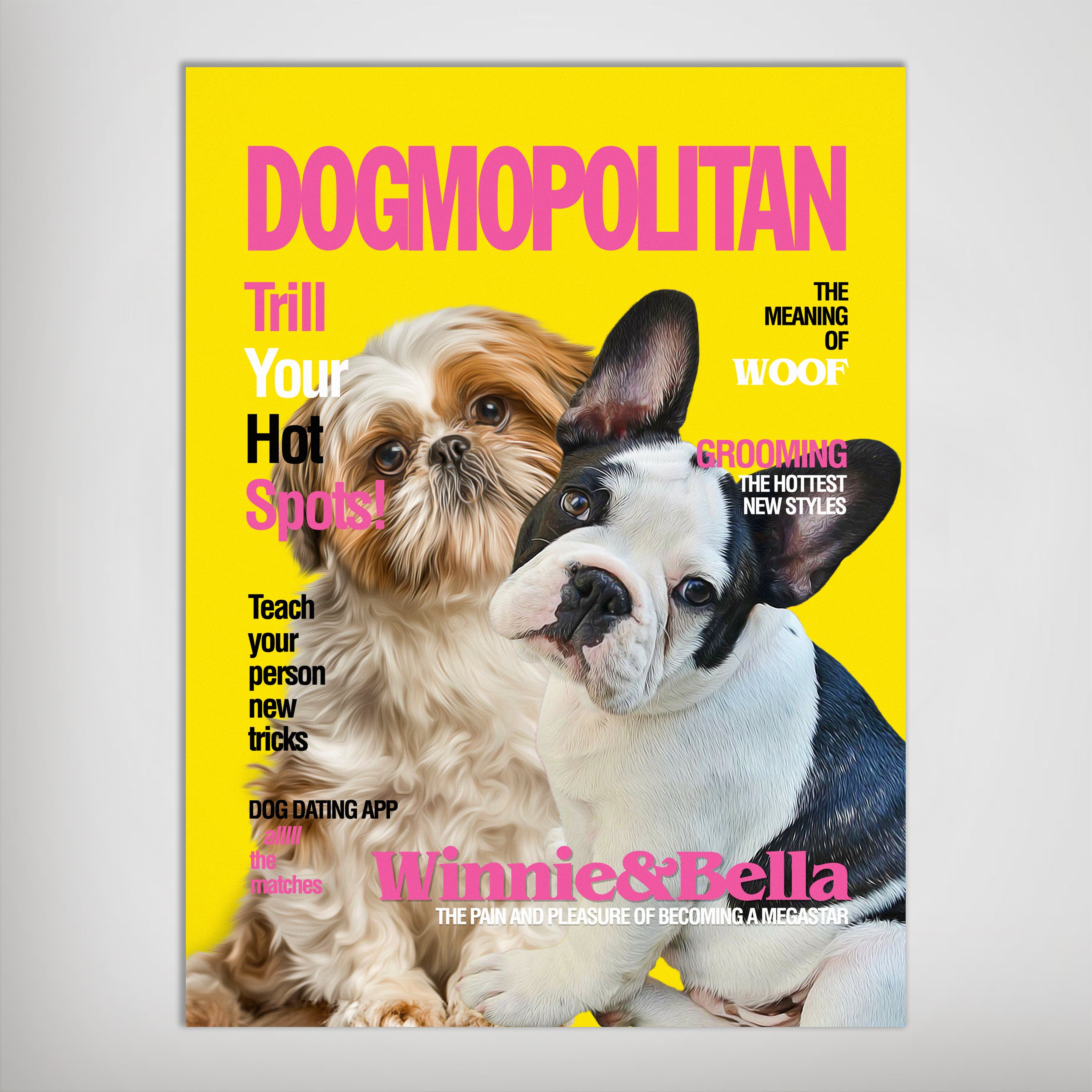 Personalized 'Dogmopolitan' poster featuring a Shih Tzu and French Bulldog on a yellow magazine cover.