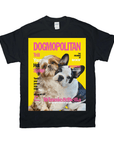 Black Gildan unisex t-shirt featuring a yellow "Dogmopolitan" magazine cover with two personalized dogs.