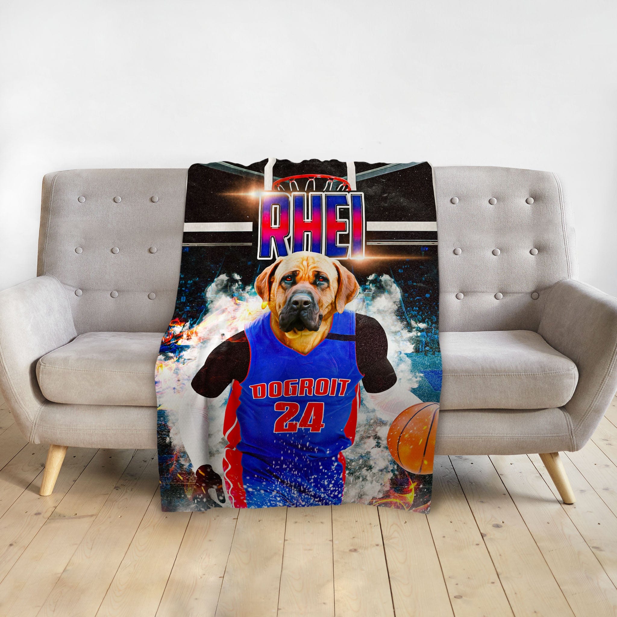 Personalized pet blanket featuring a dog in a blue "Dogtroit 24" basketball jersey, holding a basketball.