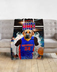Personalized pet blanket featuring a dog in a blue "Dogtroit 24" basketball jersey, holding a basketball.