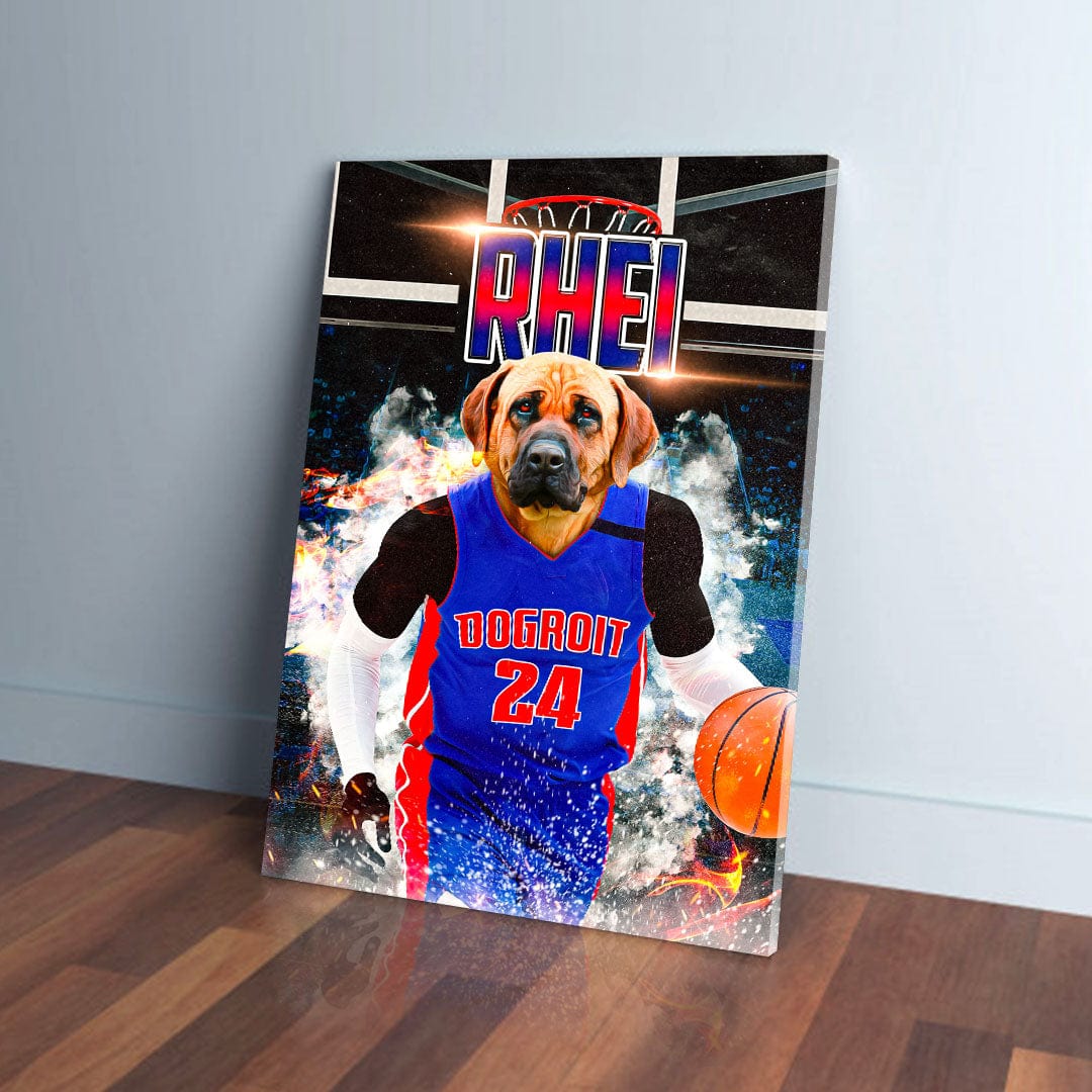 Personalized pet canvas featuring a dog in a blue "Dogtroit 24" basketball jersey, dribbling a ball.