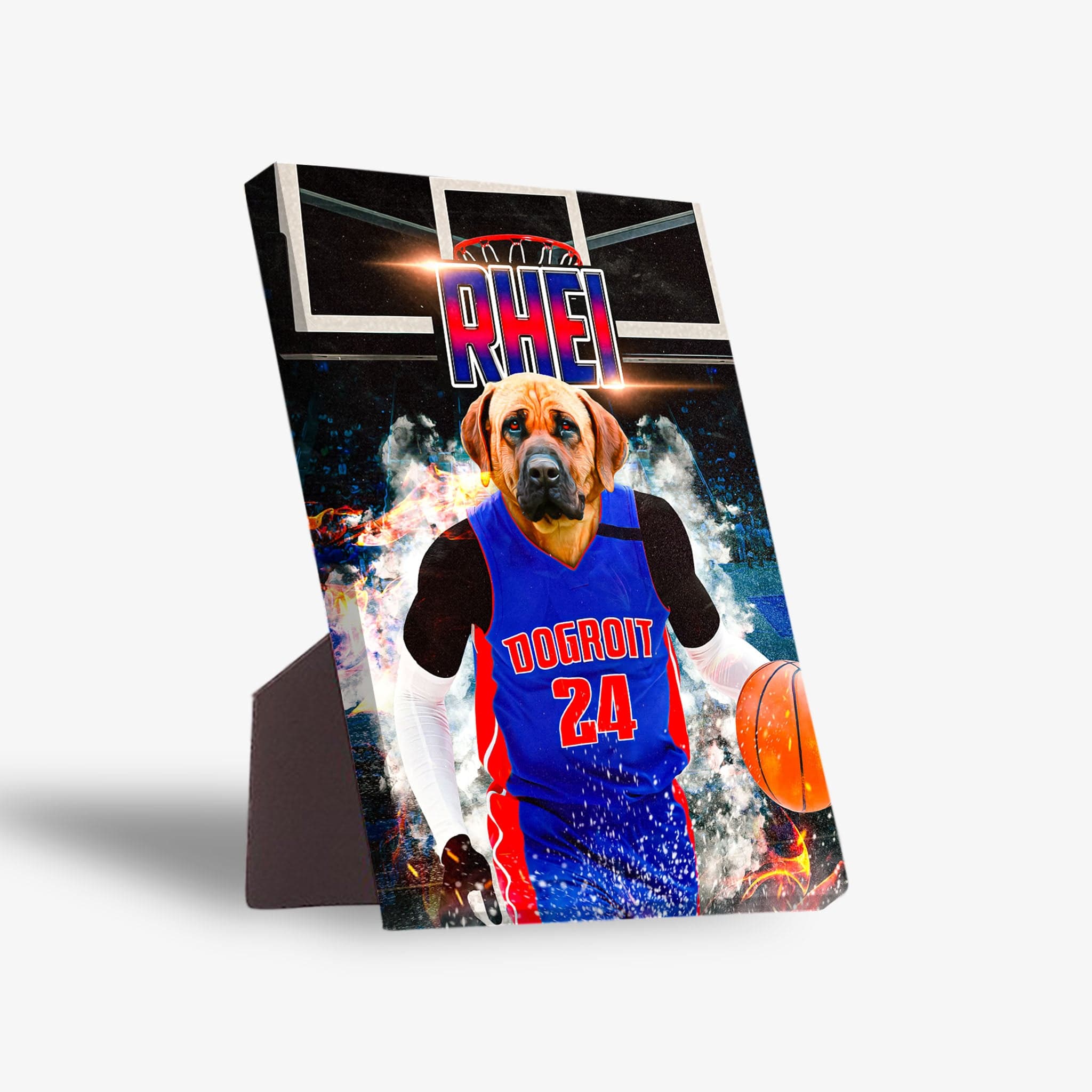Personalized Dogtroit Pistons pet portrait standing canvas featuring a dog in a blue basketball jersey with a basketball.