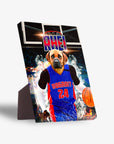 Personalized Dogtroit Pistons pet portrait standing canvas featuring a dog in a blue basketball jersey with a basketball.