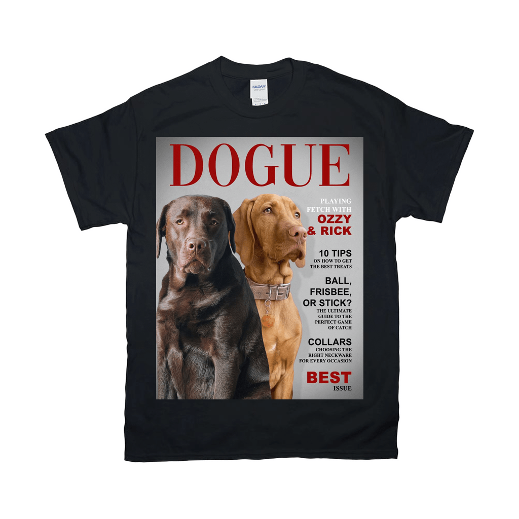 Black Gildan t-shirt with a "Dogue" magazine cover featuring a chocolate lab and a Vizsla.