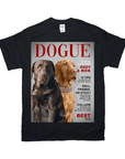 Black Gildan t-shirt with a "Dogue" magazine cover featuring a chocolate lab and a Vizsla.