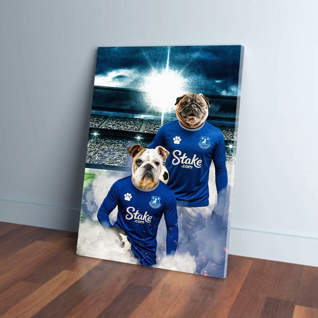 Personalized canvas featuring two dogs in blue Everton football kits on a stadium background.