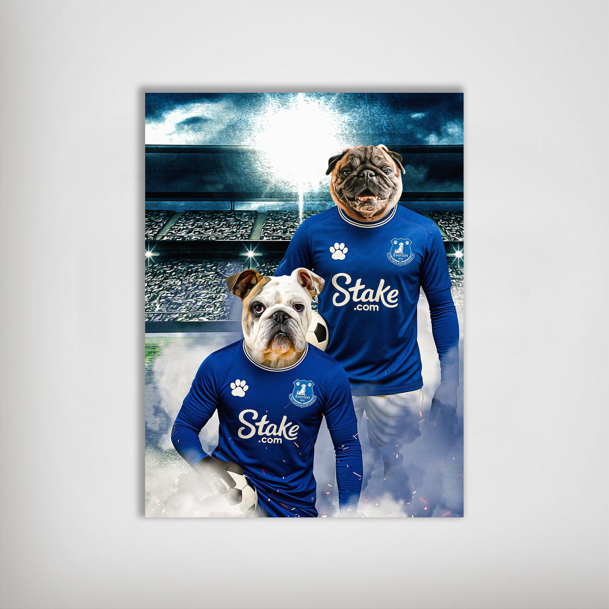 Personalized Everton Doggos Football poster featuring two pets in blue jerseys on a stadium background.