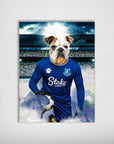 Personalized bulldog pet poster in a blue Everton football kit, holding a soccer ball in a stadium.