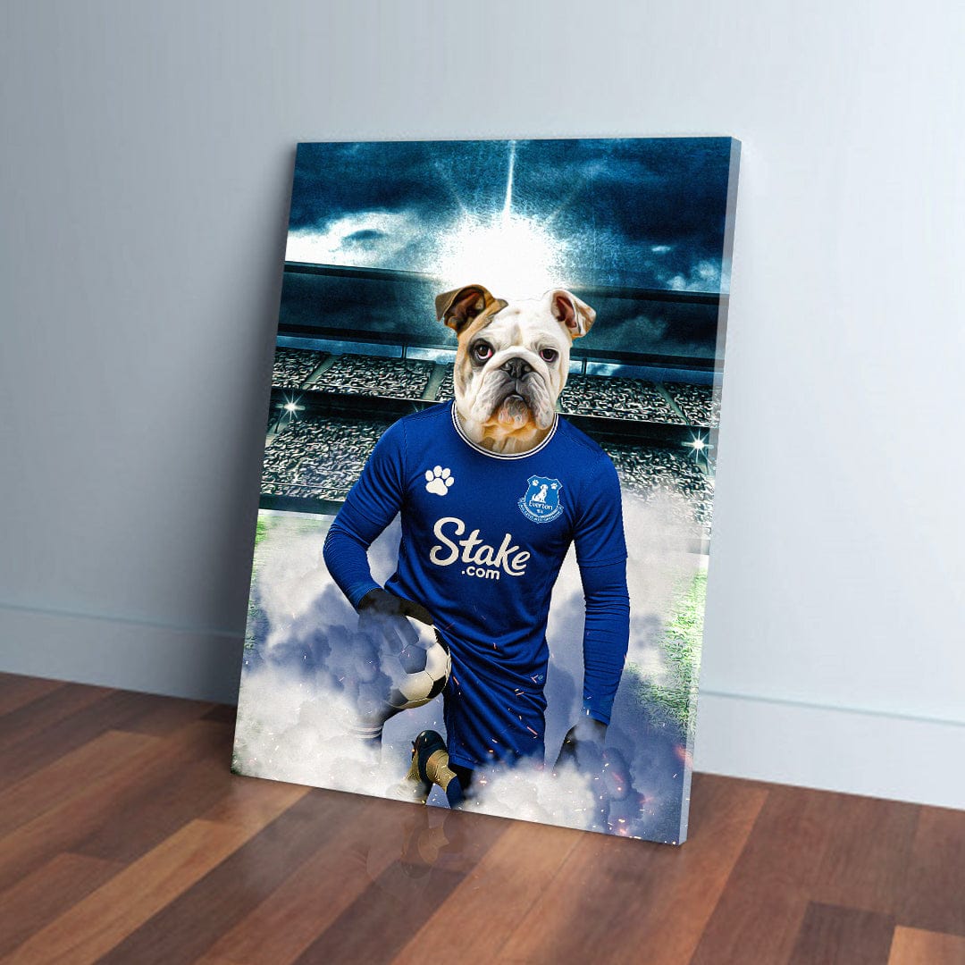 Personalized Everton Doggos Football canvas featuring a bulldog in a blue jersey, holding a soccer ball.