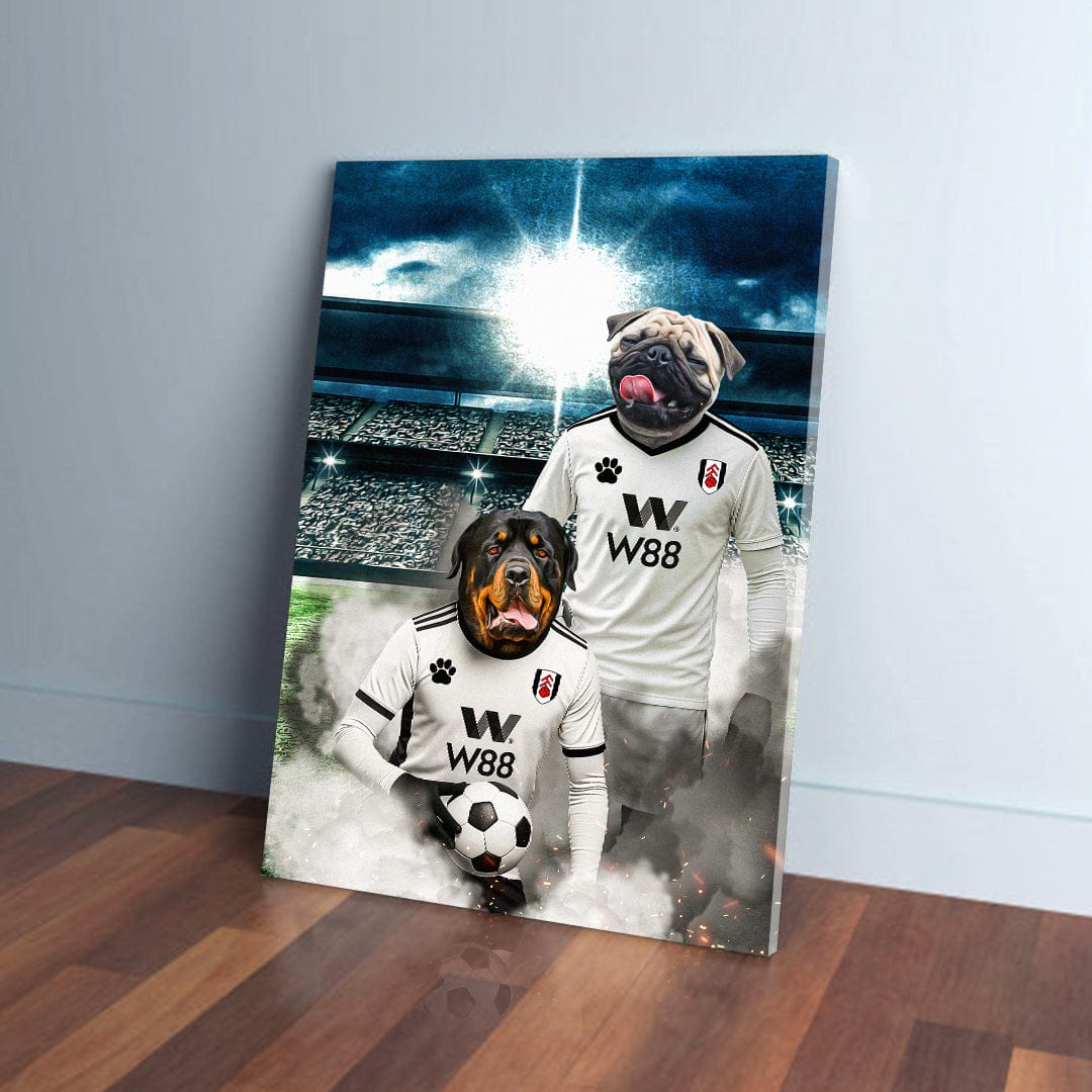 Personalized canvas of two pets, a pug and rottweiler, in white Fulham football jerseys.