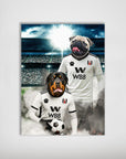 Personalized Fulham Doggos Football poster featuring a Rottweiler and Pug in white jerseys on a stadium background.