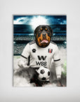 Personalized Rottweiler dog in a white Fulham football kit holding a soccer ball on a stadium poster.