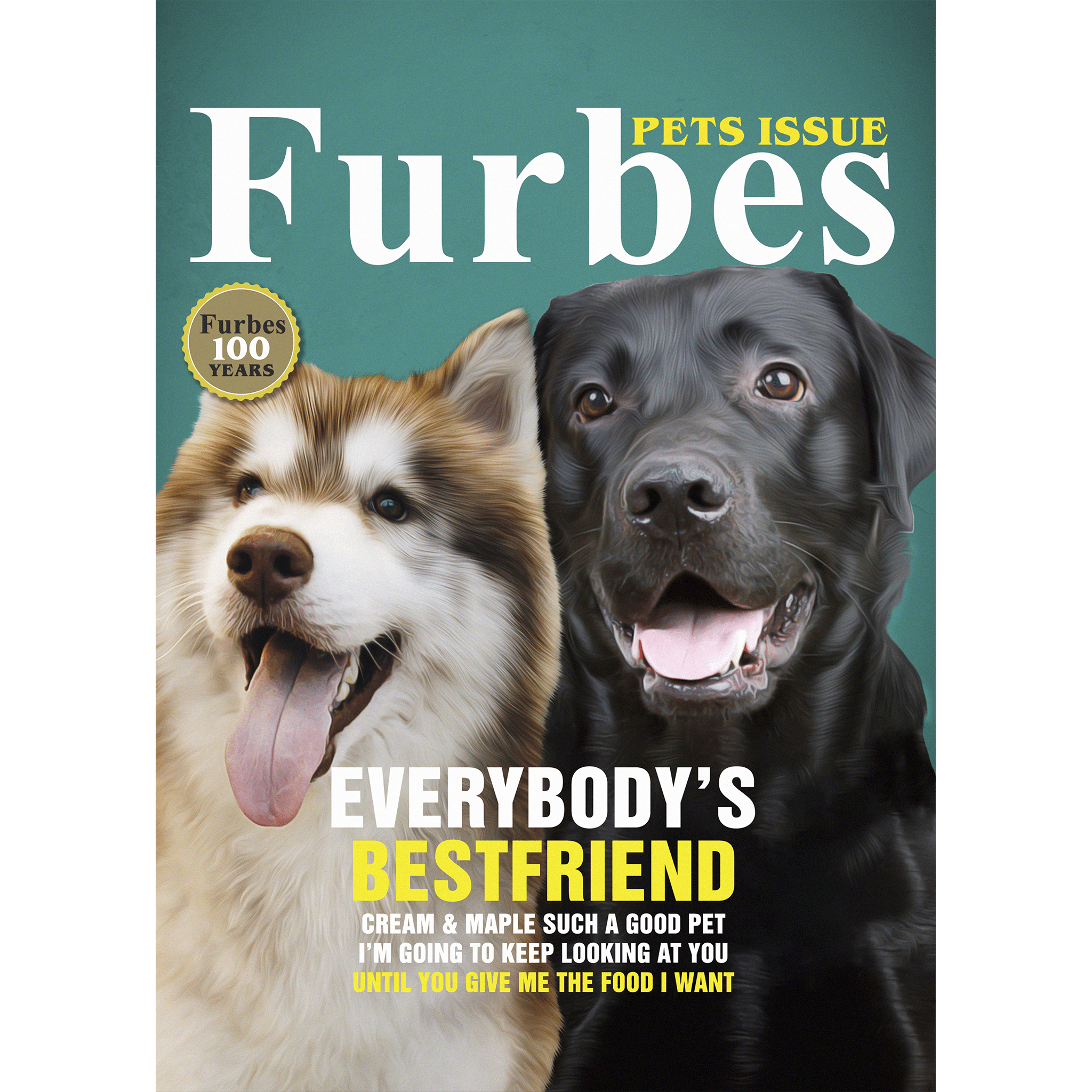 Custom 'Furbes' magazine cover digital portrait featuring two personalized pets, a husky and a black lab.