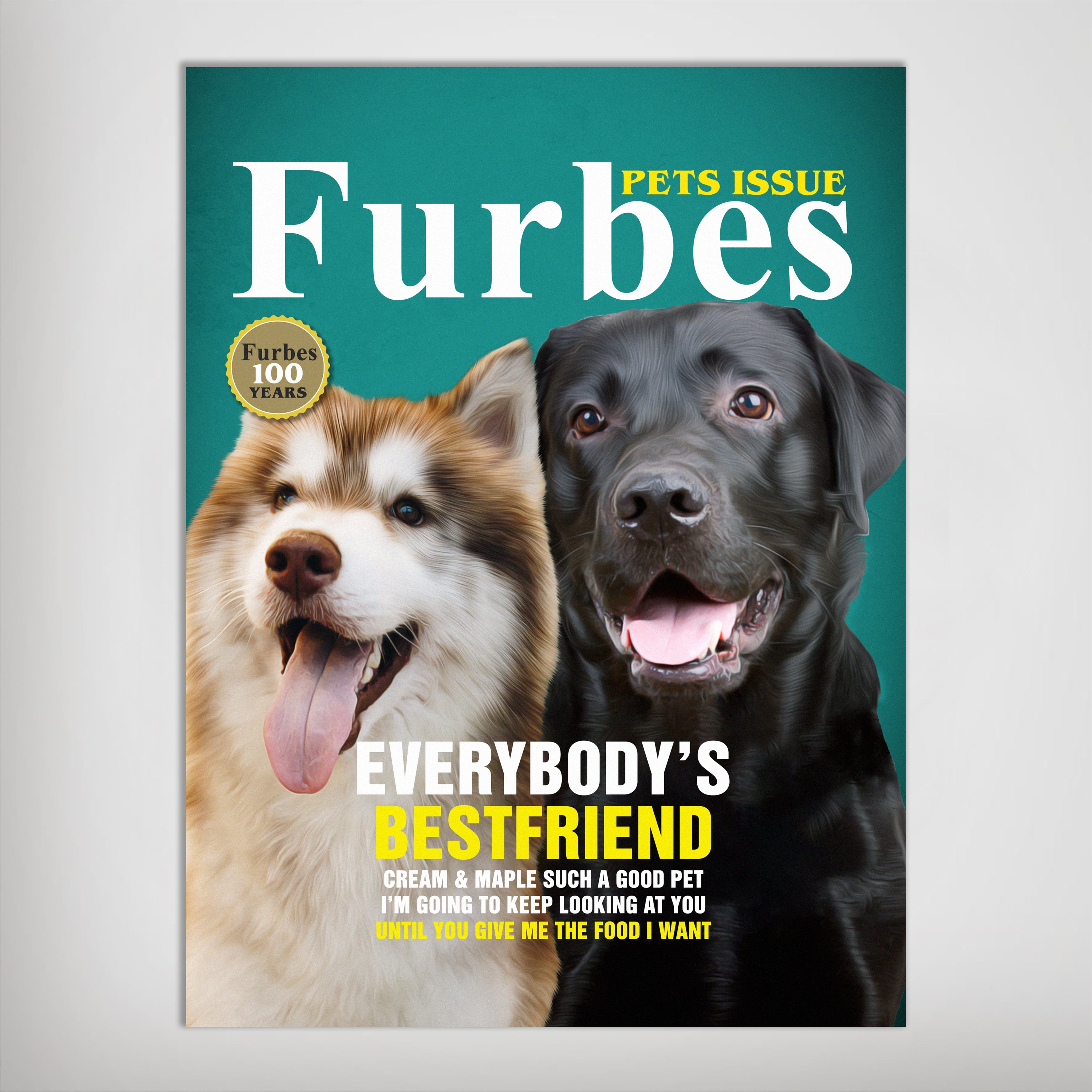 Personalized 'Furbes' magazine-style poster featuring a fluffy brown husky and a black labrador on a teal background.