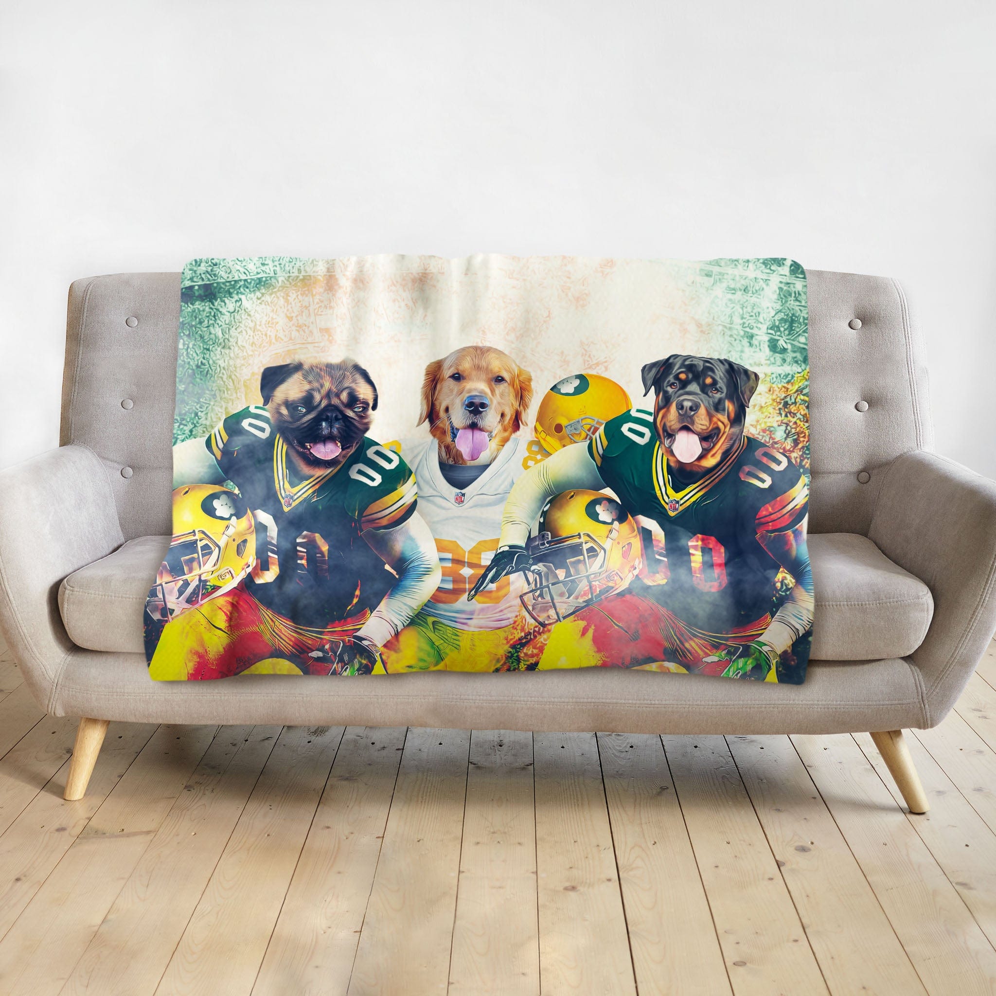 Personalized 3-pet blanket with dogs in Green Bay Packers football uniforms.