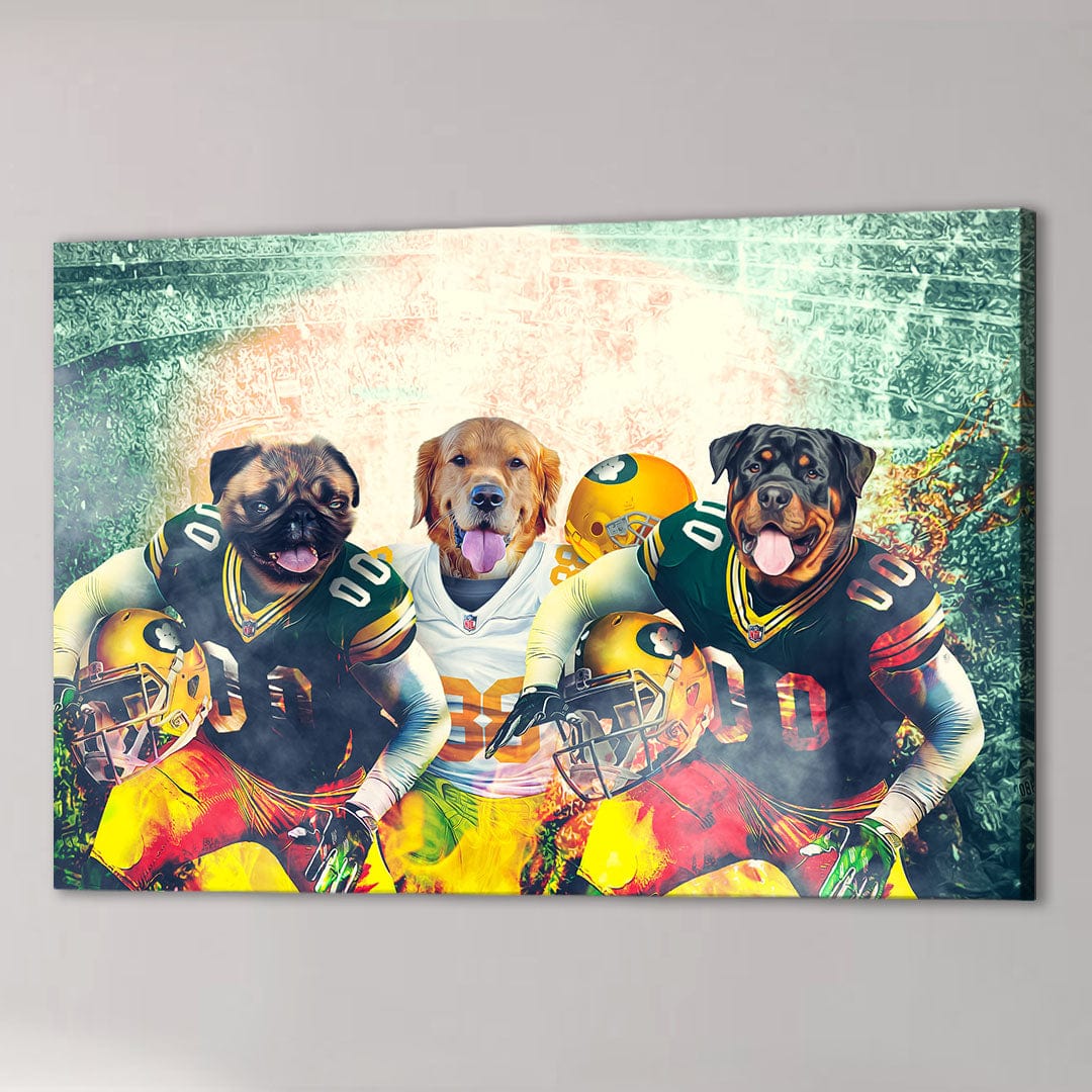 Green Bay Doggos personalized 3-pet canvas featuring a pug, golden retriever, and rottweiler in football uniforms.