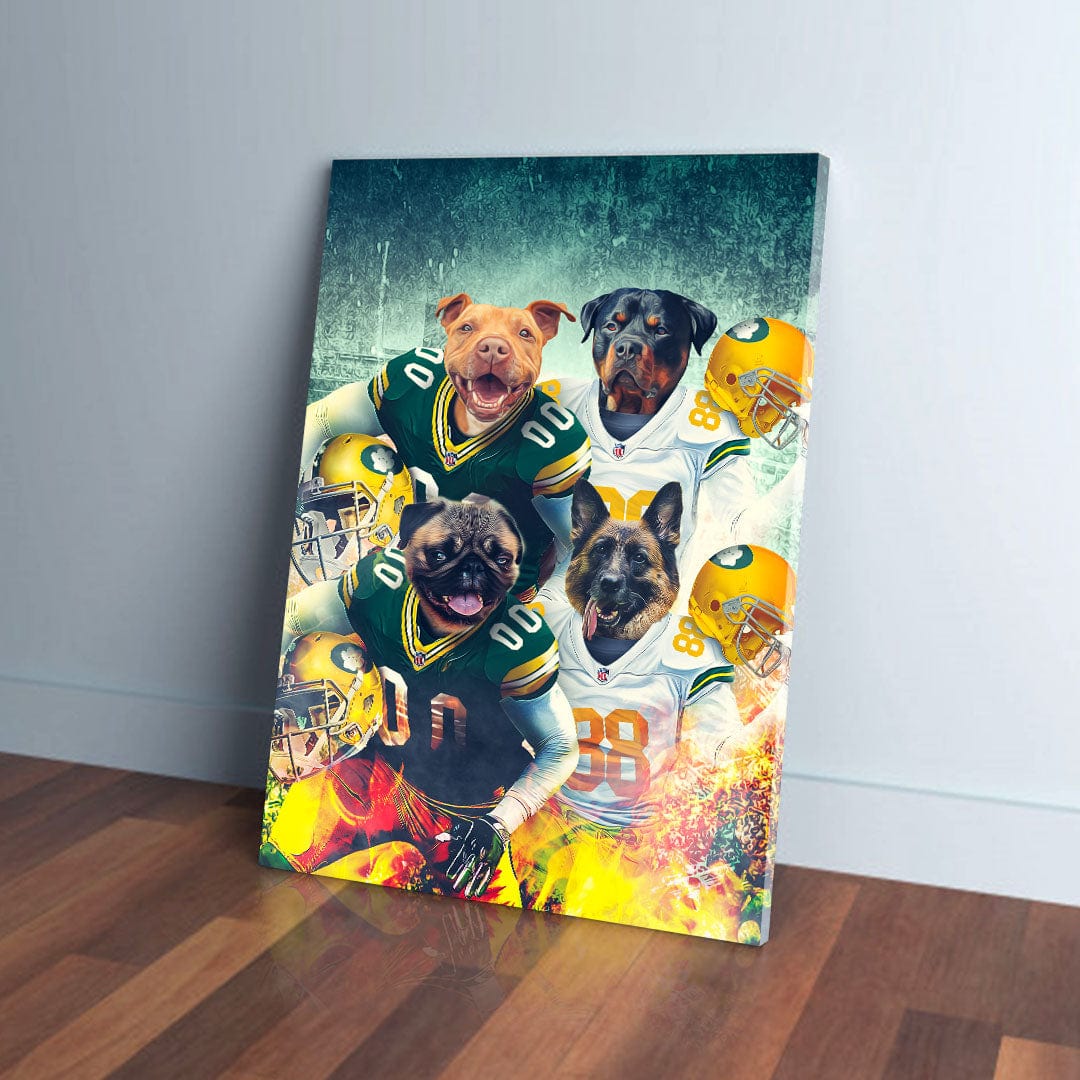 Personalized Green Bay Doggos 4-pet canvas featuring dogs in football jerseys and helmets.