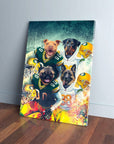 Personalized Green Bay Doggos 4-pet canvas featuring dogs in football jerseys and helmets.