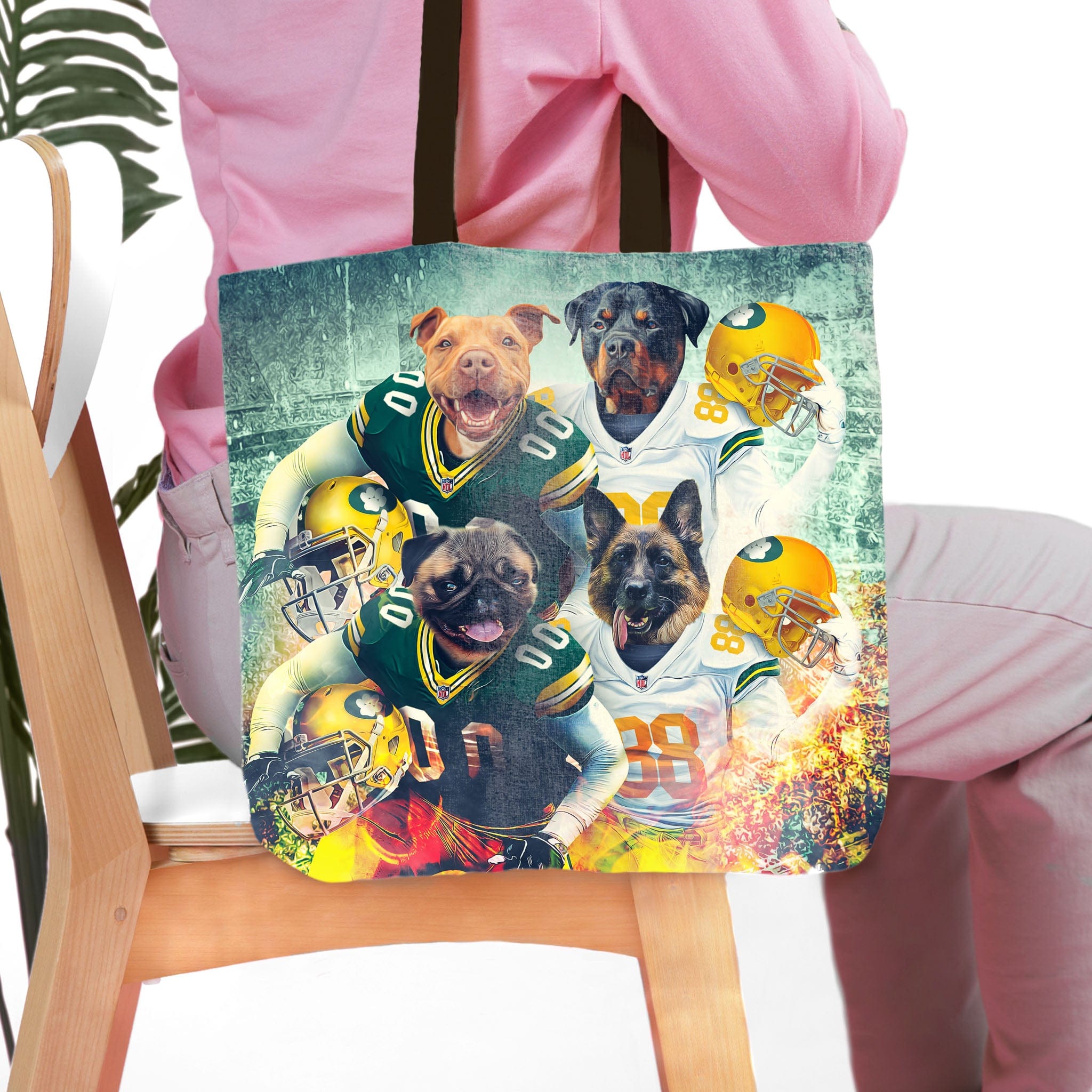 Personalized tote bag with four dogs in Green Bay football uniforms and helmets.