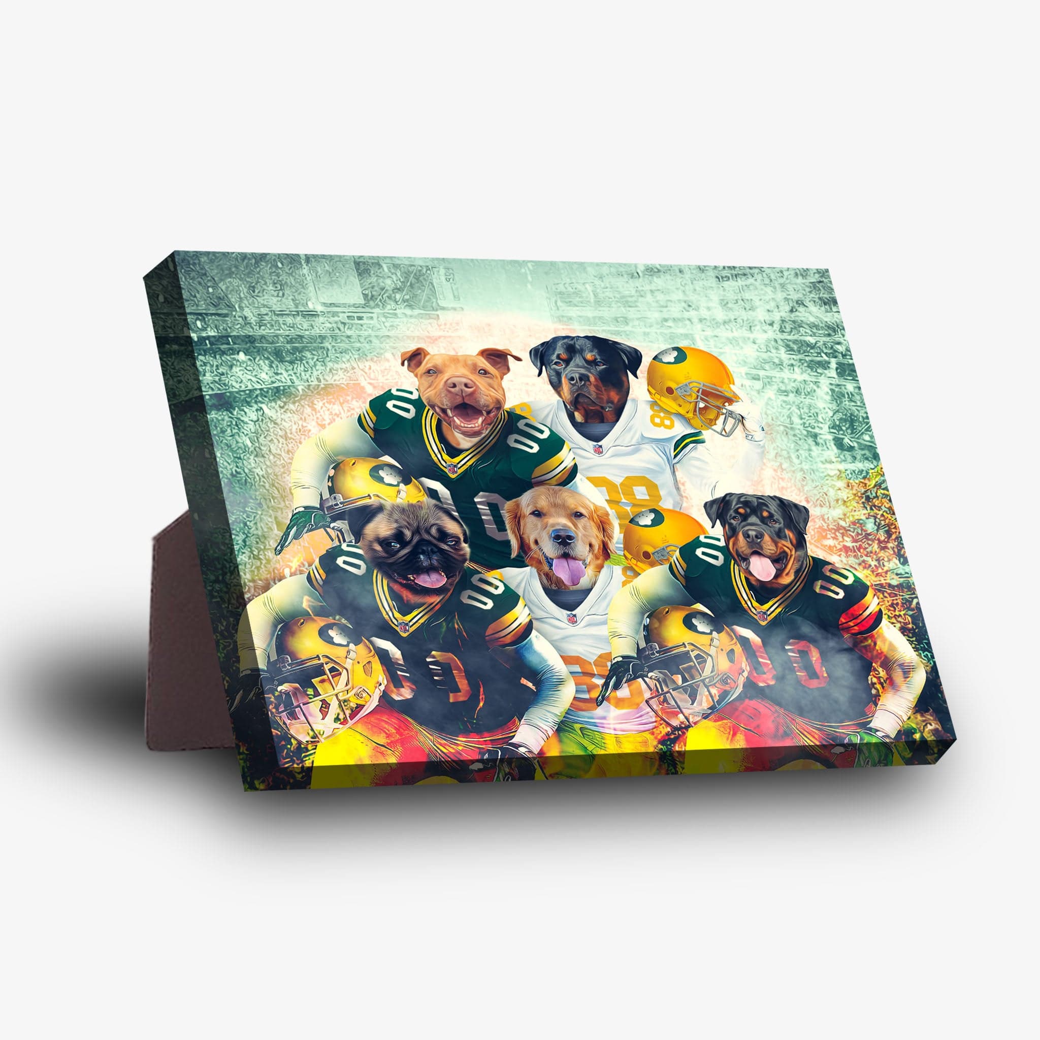 Personalized 5-pet standing canvas featuring dogs in Green Bay Doggos football uniforms.