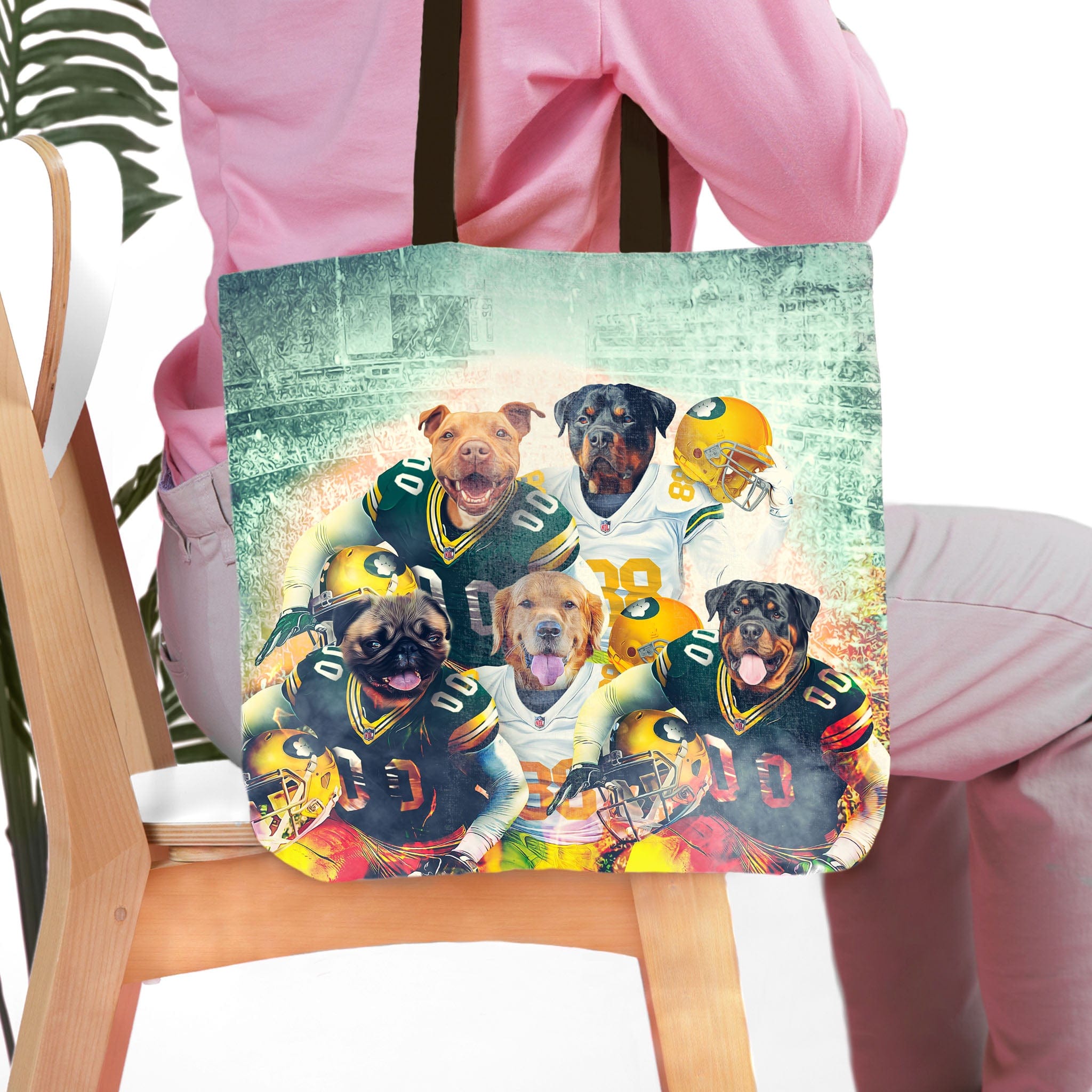 Personalized 5-pet tote bag featuring dogs in Green Bay Doggos football uniforms.