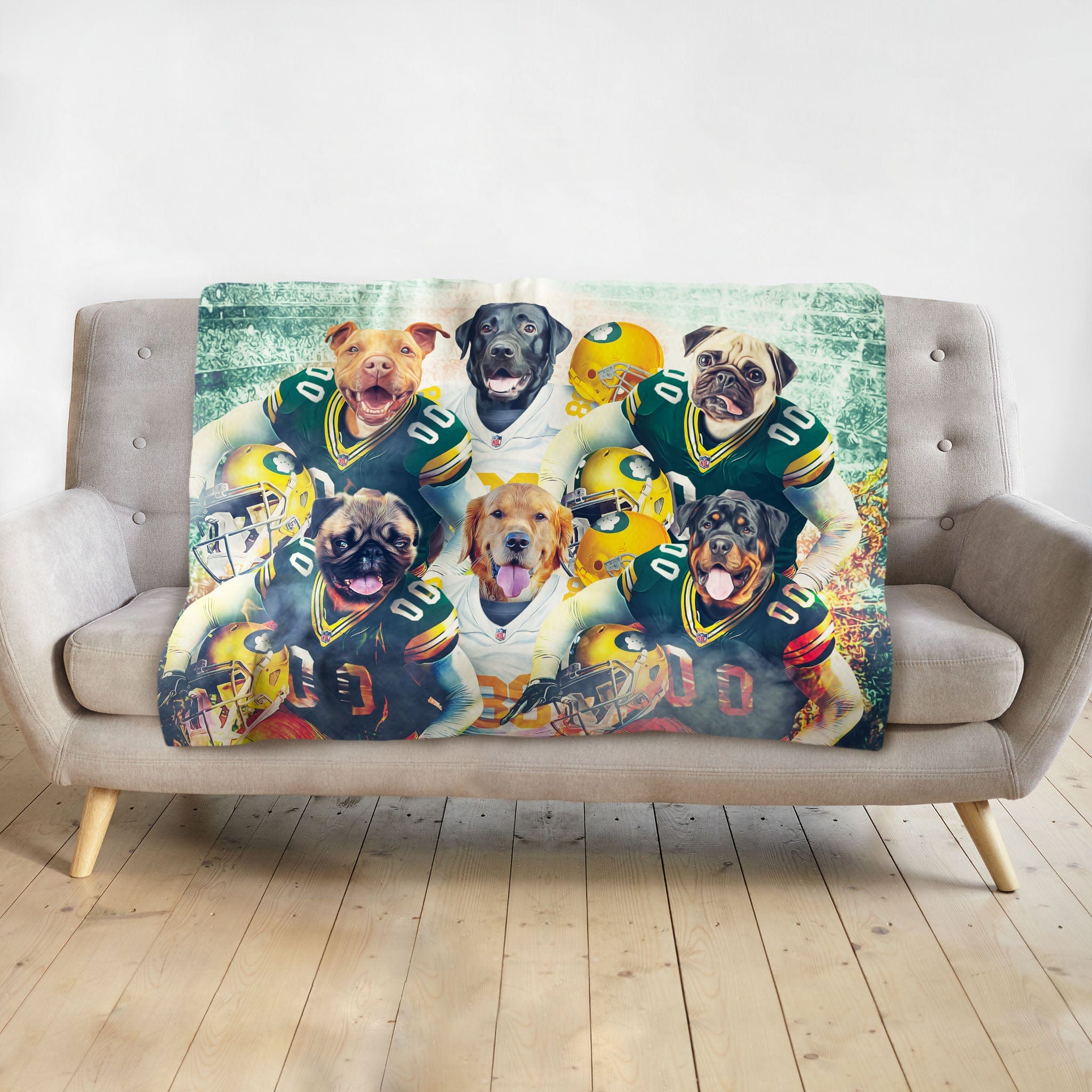 Personalized Green Bay Doggos 6-pet football team portrait blanket on a gray sofa.