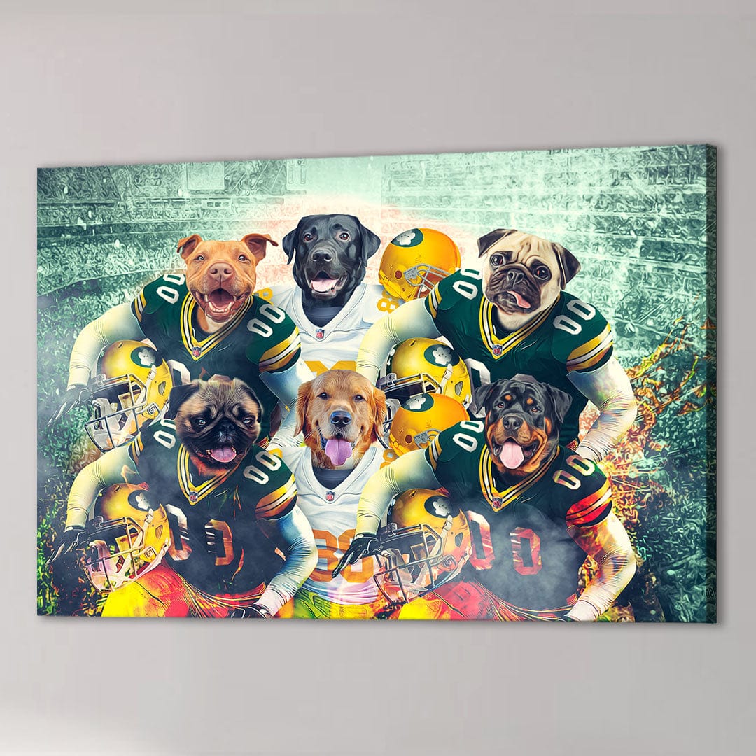 Six personalized pets, including dogs like pugs and retrievers, on a canvas wearing Green Bay Doggos football uniforms.