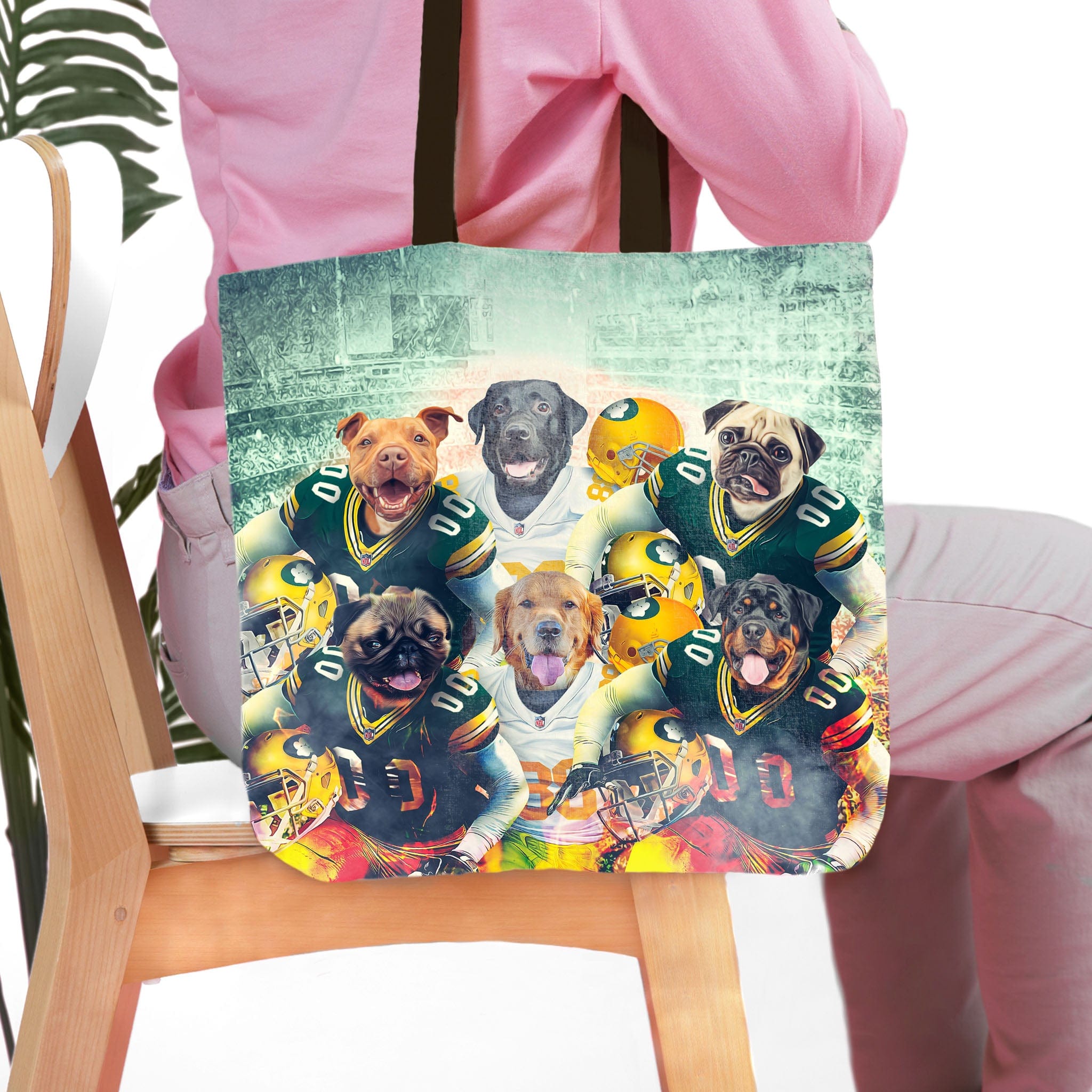 Personalized 6 pet tote bag featuring dogs in Green Bay Doggos football uniforms.