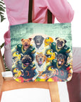 Personalized 6 pet tote bag featuring dogs in Green Bay Doggos football uniforms.